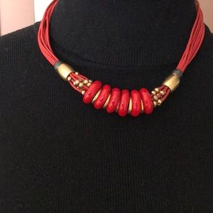 Vintage Leather Wood Bead Choker
